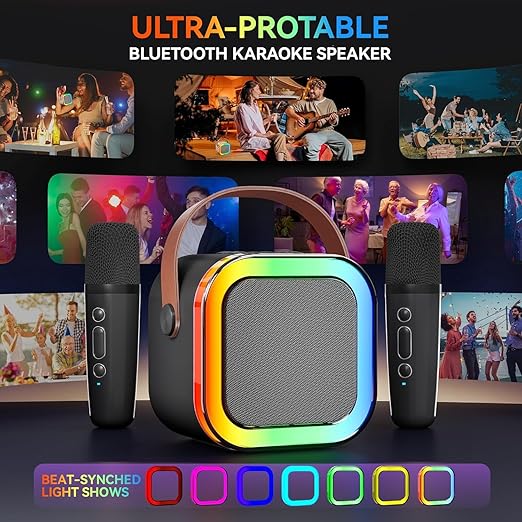 Mini Portable Bluetooth Karaoke Speaker with 2 Wireless Mics & Light